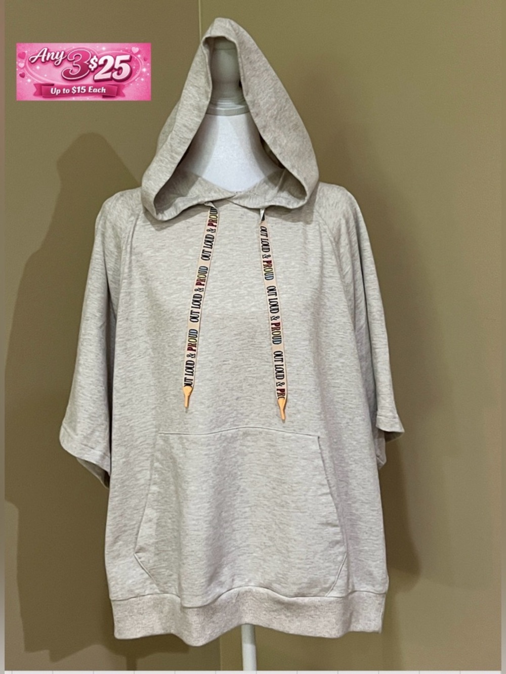 PRIDE LOUD & PROUD Light Beige Short Sleeve Hoodie with Drawstring Accents